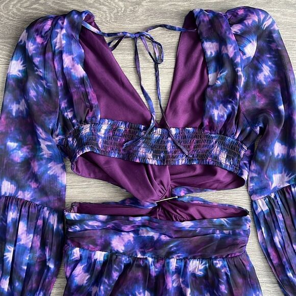 ShopBop RAHI Leila Cut Out Midi Dress Front Slit Chiffon Purple Tie Dye Small - Picture 9 of 12